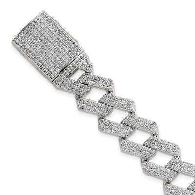 Sterling Silver Polished Fancy CZ Curb Link Mens Bracelet