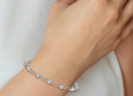 Sterling Silver Rhodium-plated Polished Round CZ and Rectangle Link Adjustable Bolo Bracelet