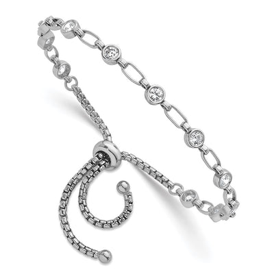 Sterling Silver Rhodium-plated Polished Round CZ and Rectangle Link Adjustable Bolo Bracelet