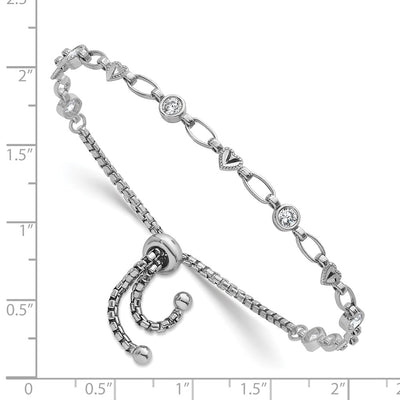 Sterling Silver Rhodium-plated Polished Round CZ and Diamond-cut Heart Adjustable Bolo Bracelet