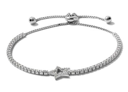 Sterling Silver Rhodium-plated Polished CZ Star Adjustable Bolo Bracelet