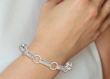 Sterling Silver Polished and Textured Oval and Round Link 7. with Extender Bracelet