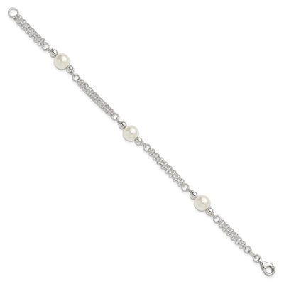 Sterling Silver Polished Double Strand with Glass Pearls 3-Station Bracelet