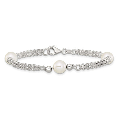 Sterling Silver Polished Double Strand with Glass Pearls 3-Station Bracelet