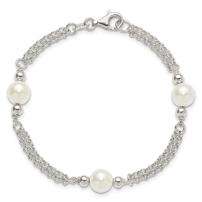 Sterling Silver Polished Double Strand with Glass Pearls 3-Station Bracelet