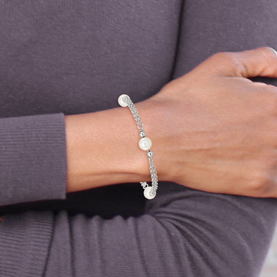 Sterling Silver Polished Double Strand with Glass Pearls 3-Station Bracelet