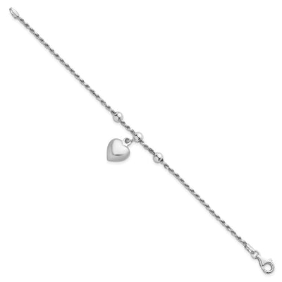 Sterling Silver Rhodium-plated Puffed Heart Dangle and Beads Rope Chain Bracelet