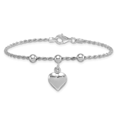 Sterling Silver Rhodium-plated Puffed Heart Dangle and Beads Rope Chain Bracelet