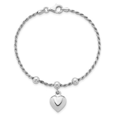 Sterling Silver Rhodium-plated Puffed Heart Dangle and Beads Rope Chain Bracelet