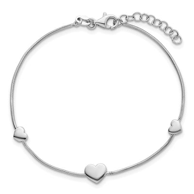 Sterling Silver Rhodium-plated Three Hearts with Extension Bracelet