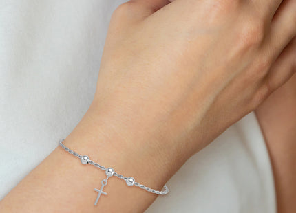 Sterling Silver Rhodium-plated Cross Dangle and Beads Rope Chain Bracelet