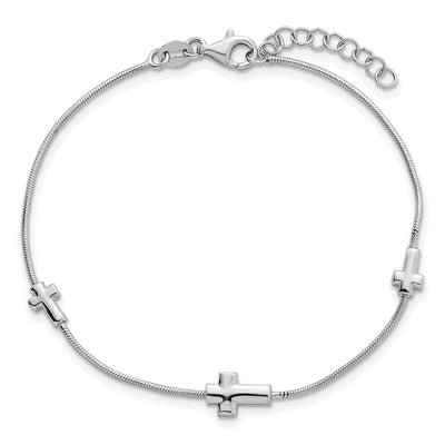 Sterling Silver Rhodium-plated Three Crosses with Extension Bracelet