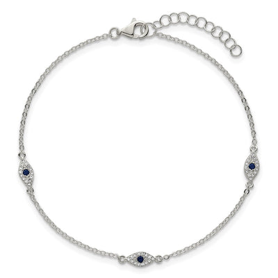 Sterling Silver Polished Blue and White CZ Evil Eye with Extension Bracelet