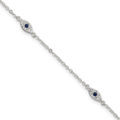 Sterling Silver Polished Blue and White CZ Evil Eye with Extension Bracelet