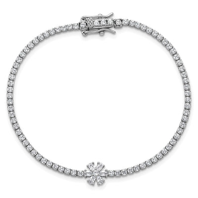 Sterling Silver Rhodium-plated Polished CZ Flower Tennis Bracelet