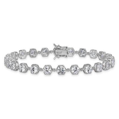 Sterling Silver Rhodium-plated Polished Round CZ in Hexagon Setting Bracelet