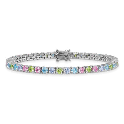 Sterling Silver Rhodium-plated Polished Pastel Green, Pink, Blue and Purple CZ Bracelet