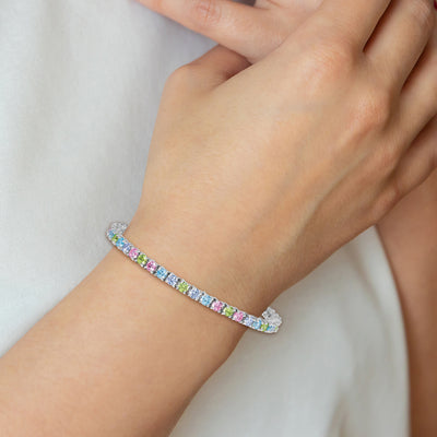 Sterling Silver Rhodium-plated Polished Pastel Green, Pink, Blue and Purple CZ Bracelet
