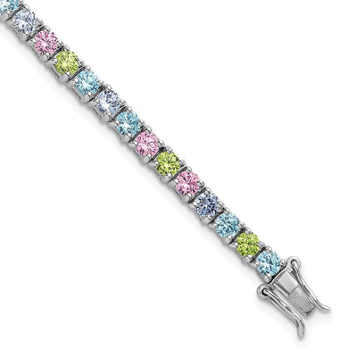 Sterling Silver Rhodium-plated Polished Pastel Green, Pink, Blue and Purple CZ Bracelet
