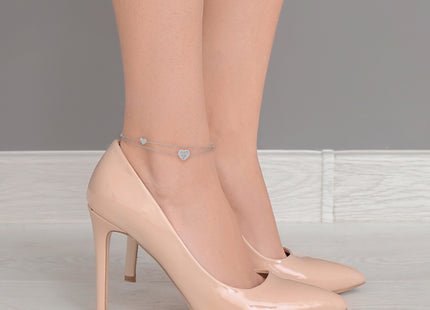 Sterling Silver Rhodium-plated Polished Two-Strand CZ Hearts Plus Extension Anklet