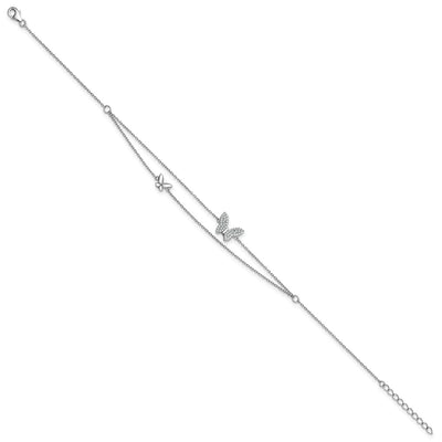 Sterling Silver Rhodium-plated Polished Two-Strand CZ Butterflies Plus Extension Anklet