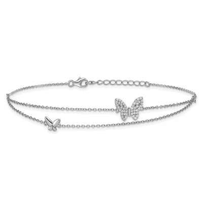 Sterling Silver Rhodium-plated Polished Two-Strand CZ Butterflies Plus Extension Anklet