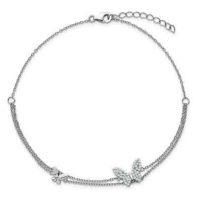 Sterling Silver Rhodium-plated Polished Two-Strand CZ Butterflies Plus Extension Anklet