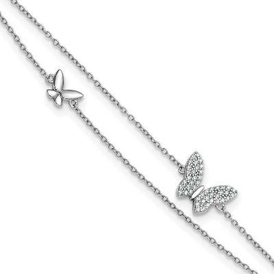 Sterling Silver Rhodium-plated Polished Two-Strand CZ Butterflies Plus Extension Anklet