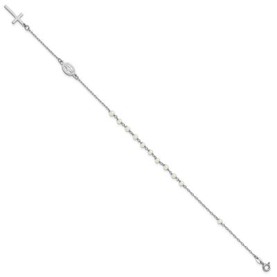 Sterling Silver Rhodium-plated Polished Freshwater Cultured Pearl Cross and Miraculous Medal Anklet