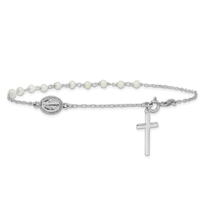 Sterling Silver Rhodium-plated Polished Freshwater Cultured Pearl Cross and Miraculous Medal Anklet
