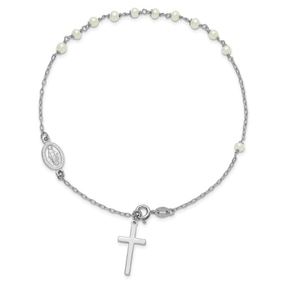 Sterling Silver Rhodium-plated Polished Freshwater Cultured Pearl Cross and Miraculous Medal Anklet