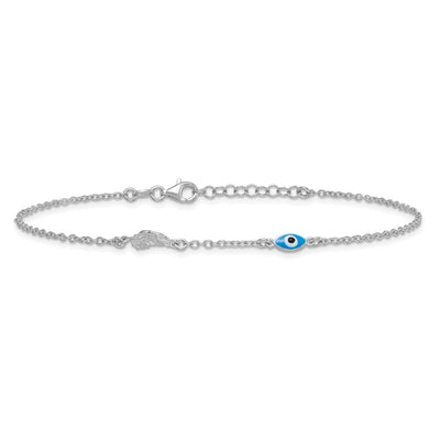 Sterling Silver Rhodium-plated Glass Evil Eye 3-Station with Extension Anklet
