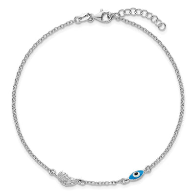 Sterling Silver Rhodium-plated Glass Evil Eye 3-Station with Extension Anklet