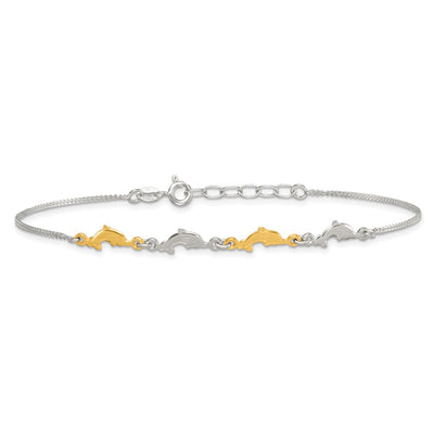 Sterling Silver with Gold-tone Polished Dolphins with Extension Anklet