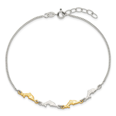 Sterling Silver with Gold-tone Polished Dolphins with Extension Anklet
