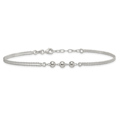 Sterling Silver Polished Beaded Double Strand with Extension Anklet, 10 x 5mm