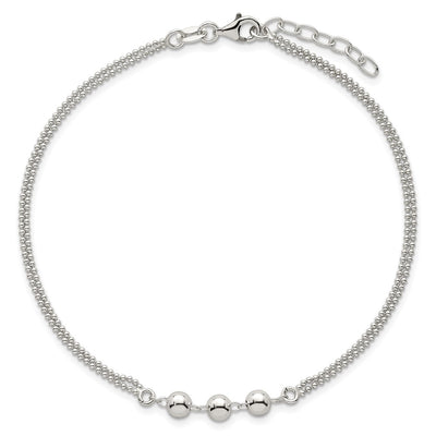 Sterling Silver Polished Beaded Double Strand with Extension Anklet, 10 x 5mm