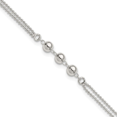 Sterling Silver Polished Beaded Double Strand with Extension Anklet, 10 x 5mm