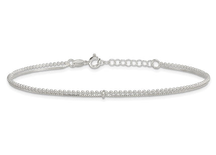 Sterling Silver Polished Beaded Double Strand with Extension Anklet