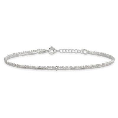 Sterling Silver Polished Beaded Double Strand with Extension Anklet, 10 x 1.5mm