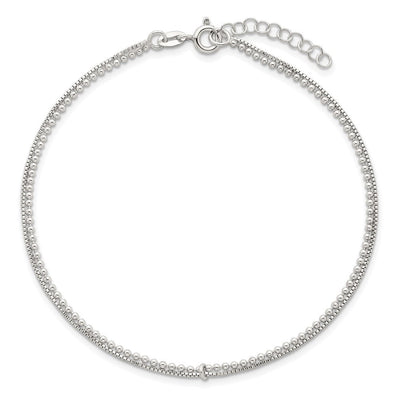 Sterling Silver Polished Beaded Double Strand with Extension Anklet, 10 x 1.5mm