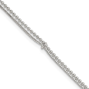 Sterling Silver Polished Beaded Double Strand with Extension Anklet