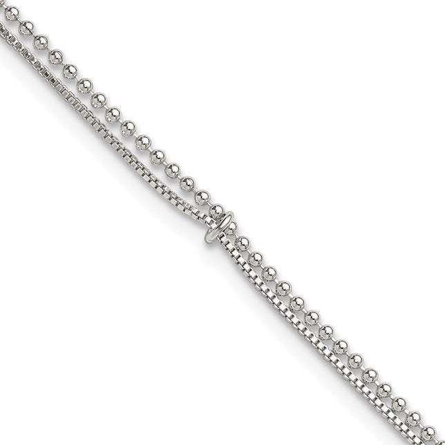 Sterling Silver Polished Beaded Double Strand with Extension Anklet, 10 x 1.5mm
