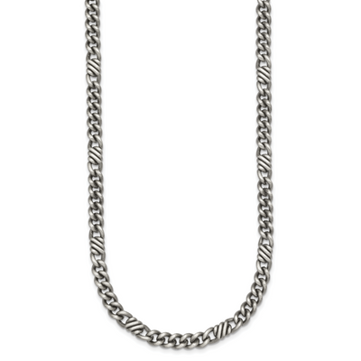 Sterling Silver Black Ruthenium-plated Brushed and Textured Fancy Flat Curb Chain Mens Necklace