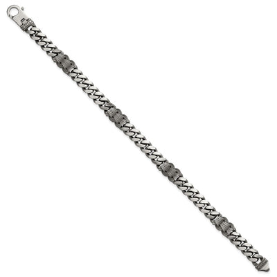 Sterling Silver Black Ruthenium-plated Brushed and Textured Fancy Flat Curb Chain Mens Bracelet