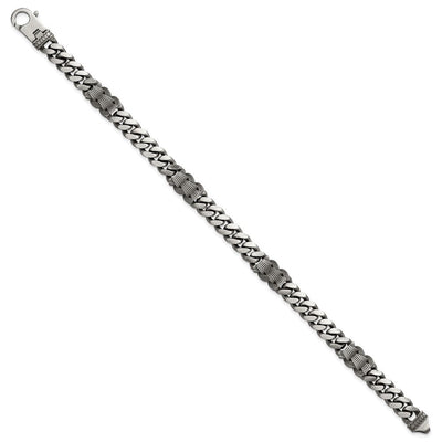 Sterling Silver Black Ruthenium-plated Brushed and Textured Fancy Flat Curb Chain Mens Necklace