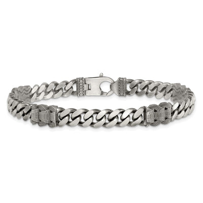 Sterling Silver Black Ruthenium-plated Brushed and Textured Fancy Flat Curb Chain Mens Bracelet
