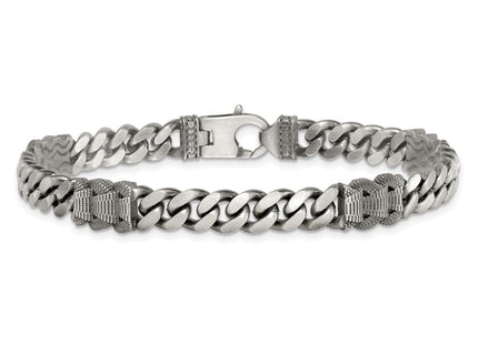 Sterling Silver Black Ruthenium-plated Brushed and Textured Fancy Flat Curb Chain Mens 8. Necklace