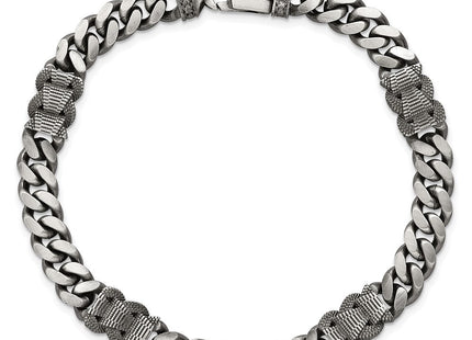 Sterling Silver Black Ruthenium-plated Brushed and Textured Fancy Flat Curb Chain Mens 8. Necklace