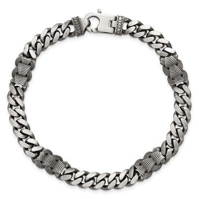 Sterling Silver Black Ruthenium-plated Brushed and Textured Fancy Flat Curb Chain Mens Necklace